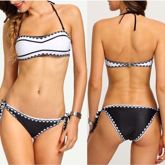New Art Deco Print Halter Bandeau 2 Piece Bikini Swimsuit Set Black White M - Picture 2 of 13